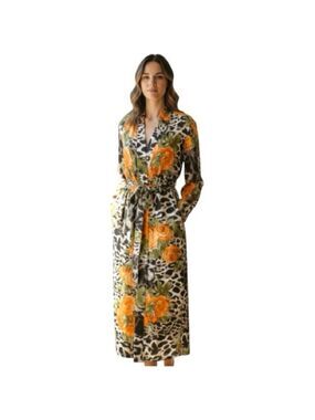 Diamond Tea Floral Leopard Maxi Wrap Dress Sz S Green Long Sleeve Tassel Belt